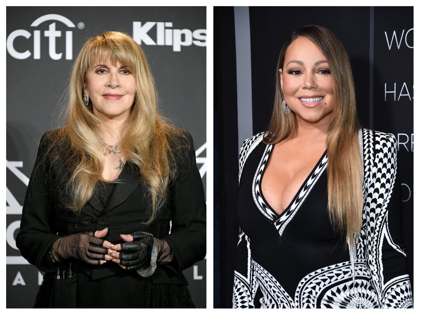 Stevie Nicks wears a black dress and black fingerless gloves against a black background. Mariah Carey wears a black and white dress against a black background.
