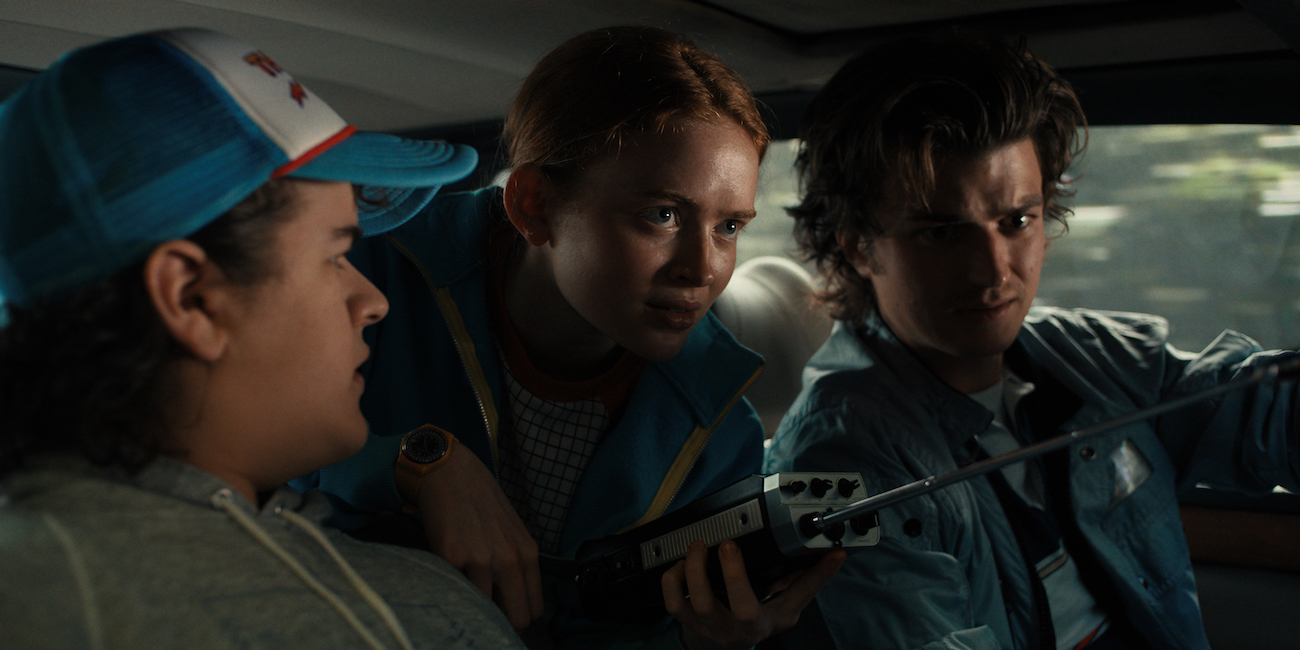 Gaten Matarazzo as Dustin Henderson, Sadie Sink as Max Mayfield and Joe Keery as Steve Harrington in 'Stranger Things 4.'