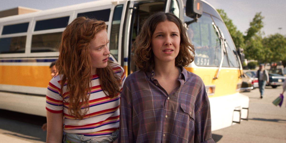 Sadie Sink as Max and Millie Bobby Brown as Eleven in Stranger Things Season 3. Max and Eleven stand outside Starcourt Mall.