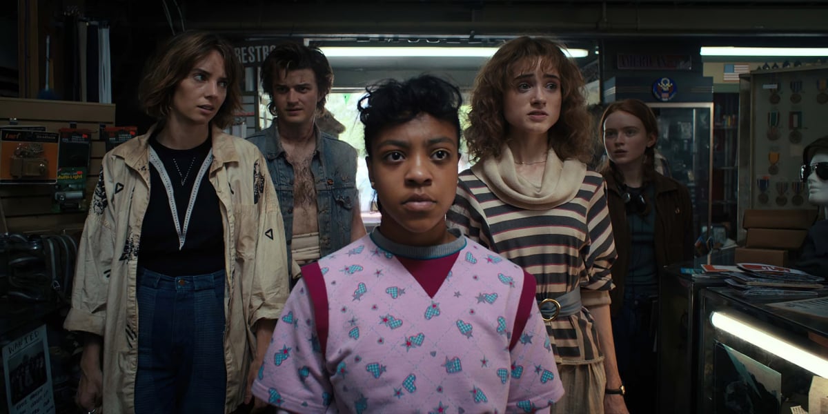 Robin, Steve, Erica, Nancy, and Max in Stranger Things Season 4. The group stands looking worried.