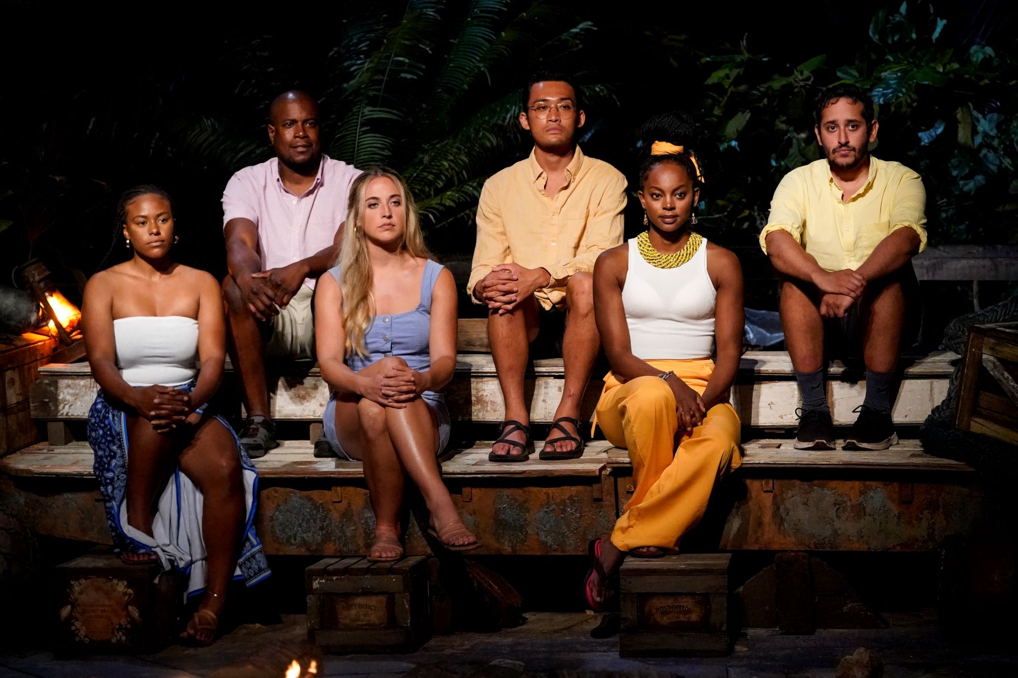 'Survivor' Season 42 castaways Chanelle Howell, Rocksroy Bailey, Tori Meehan, Hai Giang, Drea Wheeler, and Omar Zaheer sit on the jury side of Tribal Council.