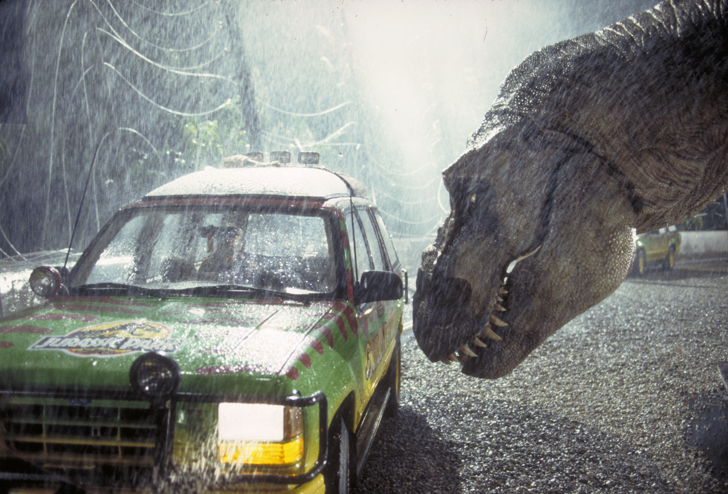 The T-Rex attacks a car in a scene from Jurassic Park