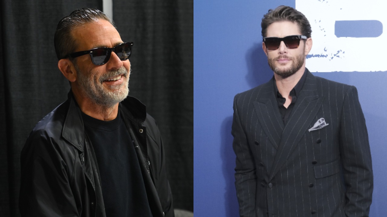 Jeffrey Dean Morgan (left) and Jensen Ackles (right), both of whom were asked to join 'The Boys' Season 3. In the left photo, Morgan is wearing a black shirt, leather jacket, and sunglasses. On the right, Ackles is wearing a black striped suit and sunglasses.