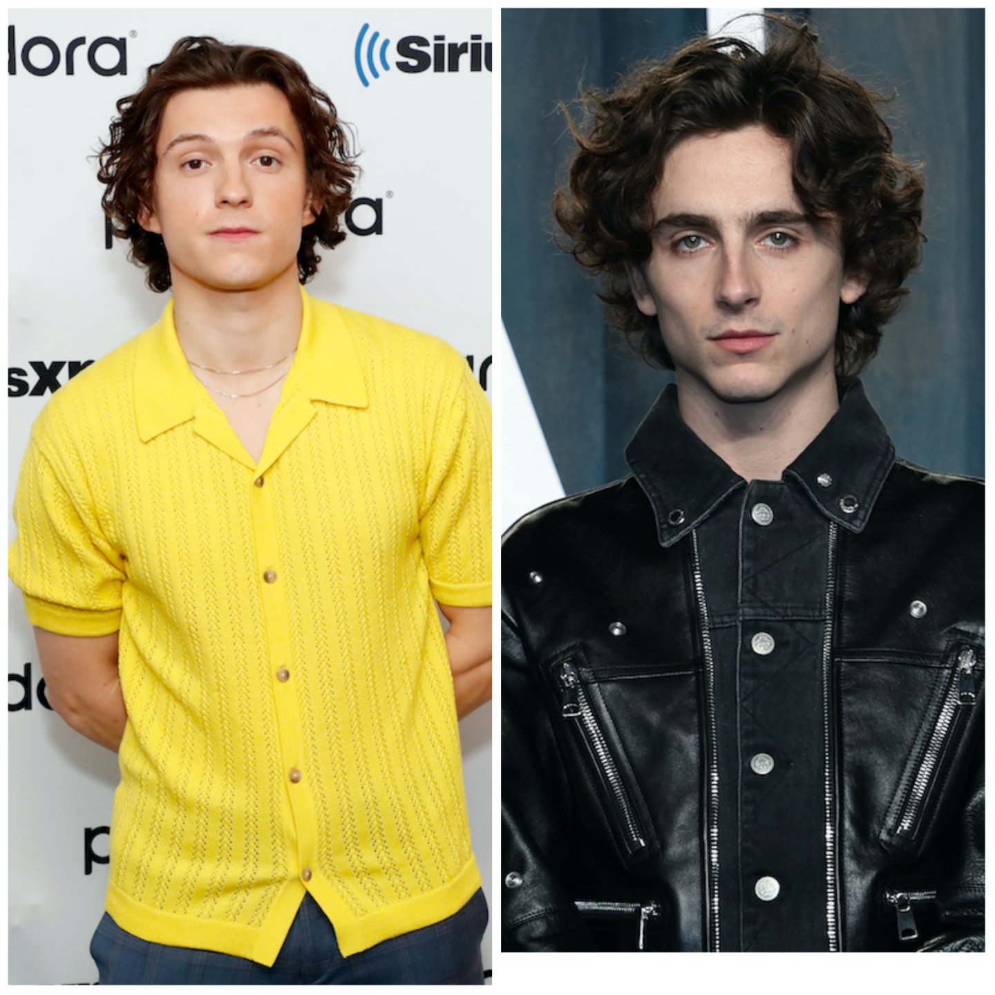 Tom Holland at the SiriusXM studios in New York City in 2022; Timothée Chalamet at the 2022 Vanity Fair Oscars Party. Holland once revealed his plan to get Chalamet in the MCU, complete with backstory and heel turn to villain.