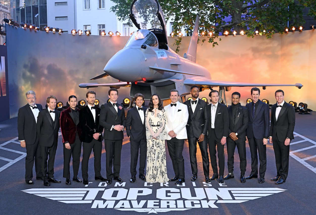 (From left) Christopher McQuarrie, Jerry Bruckheimer, Danny Ramirez, Glen Powell, Miles Teller, Tom Cruise, Jennifer Connelly, Jon Hamm, Jay Ellis, Lewis Pullman, Greg Tarzan Davis, Joseph Kosinski, and David Ellison attend the UK of 'Top Gun: Maverick,' which became Cruise's biggest hit ever thanks in part to a massive marketing blitz.