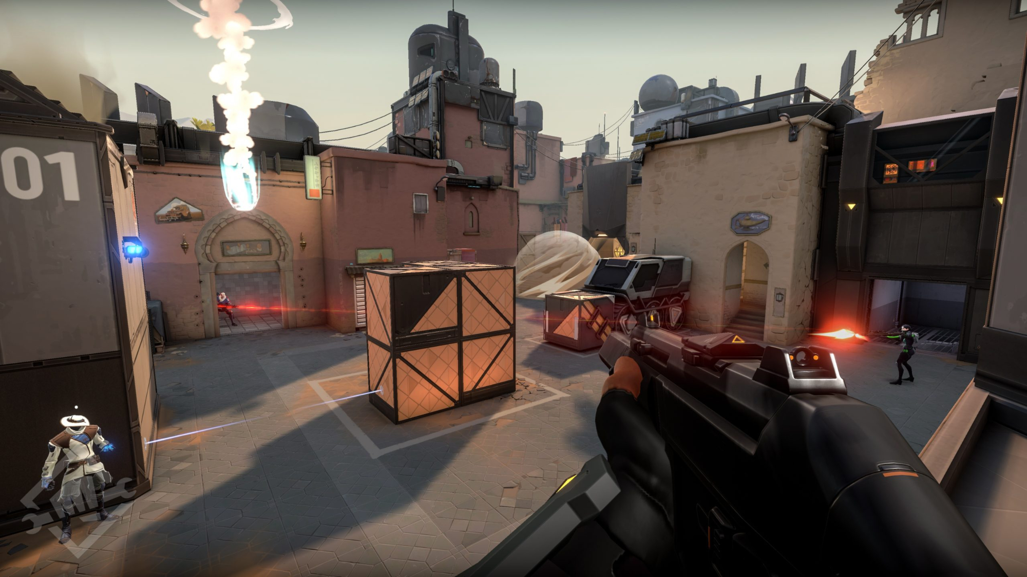 'Valorant,' the game MoonMoon spoke about on stream, during gameplay from first-person perspective with a gun pointed out at other players firing at each other