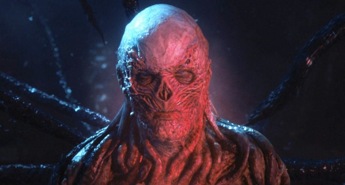 Vecna from 'Stranger Things' Season 4 close up and lacking a nose in his lair.