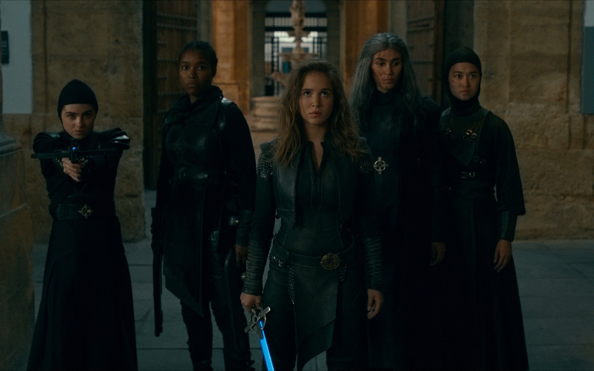 Olivia Delcan, Toya Turner, Alba Batista, Lorena Andrea, Kristina Tonteri-Young in 'Warrior Nun,' which just received a release date window for season 2. They're all standing next to one another and staring up at something.