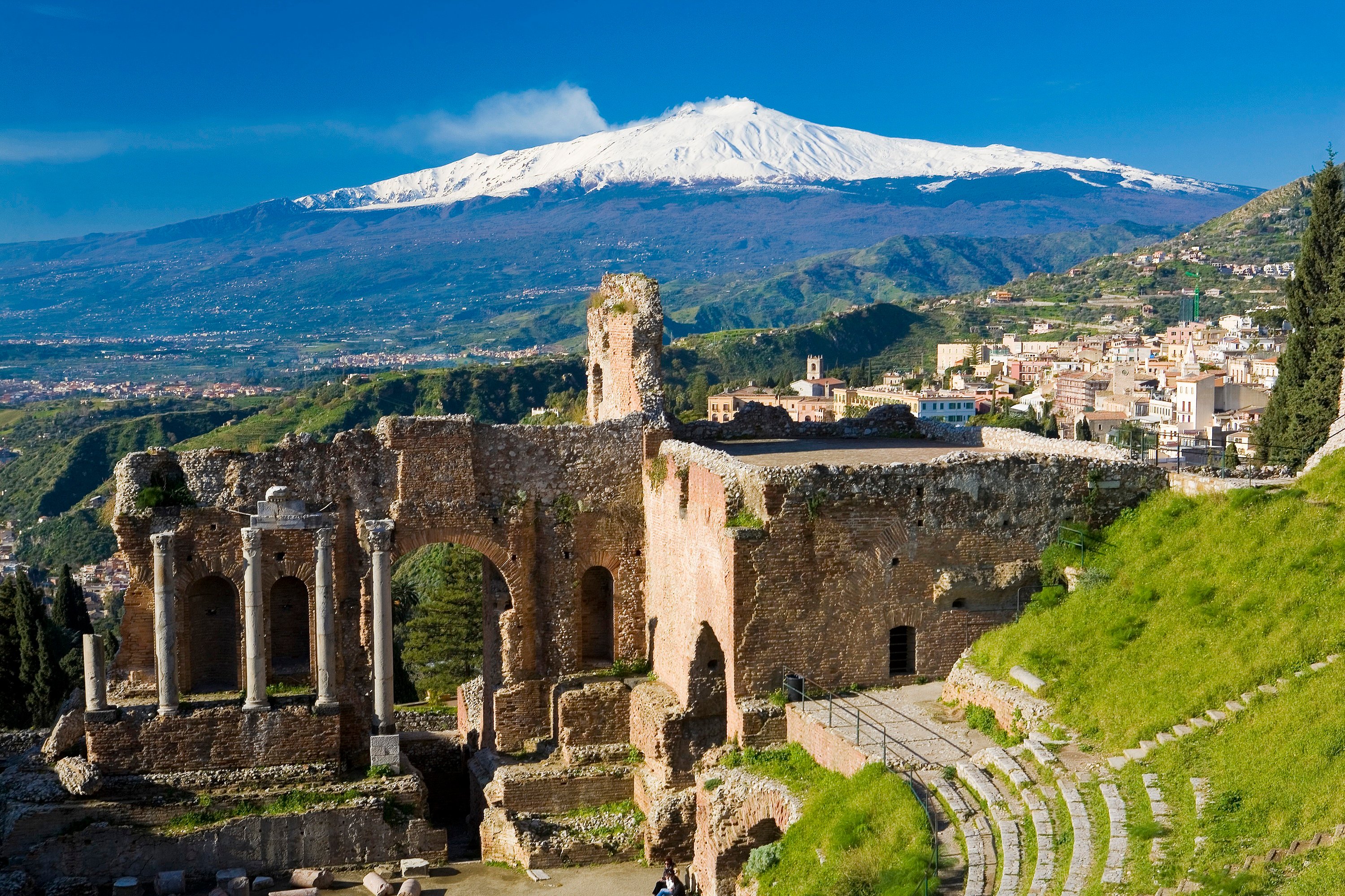The Greek Theater in front of Mount Etna in Taormina, Sicily, Italy where 'The White Lotus' Season 2 filmed