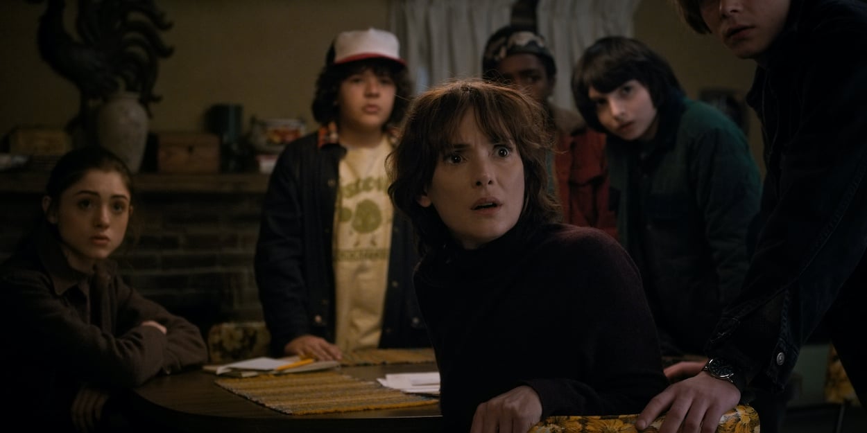 Winona Ryder (foreground) and Finn Wolfhard, Gaten Matarazzo, Caleb McLaughlin, Natalia Dyer, and Charlie Heaton in 'Stranger Things' Season 4. Acting veteran Ryder has given plenty of acting and life advice to her young co-stars on the show.