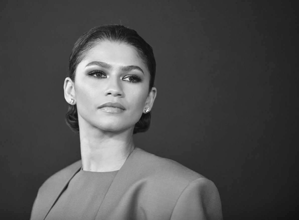 black-and-white headshot of Euphoria star Zendaya looking off to the side