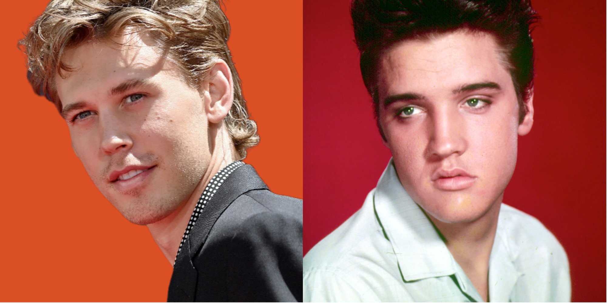 'Elvis' star Austin Butler and Elvis Presley in a side by side set of photographs.