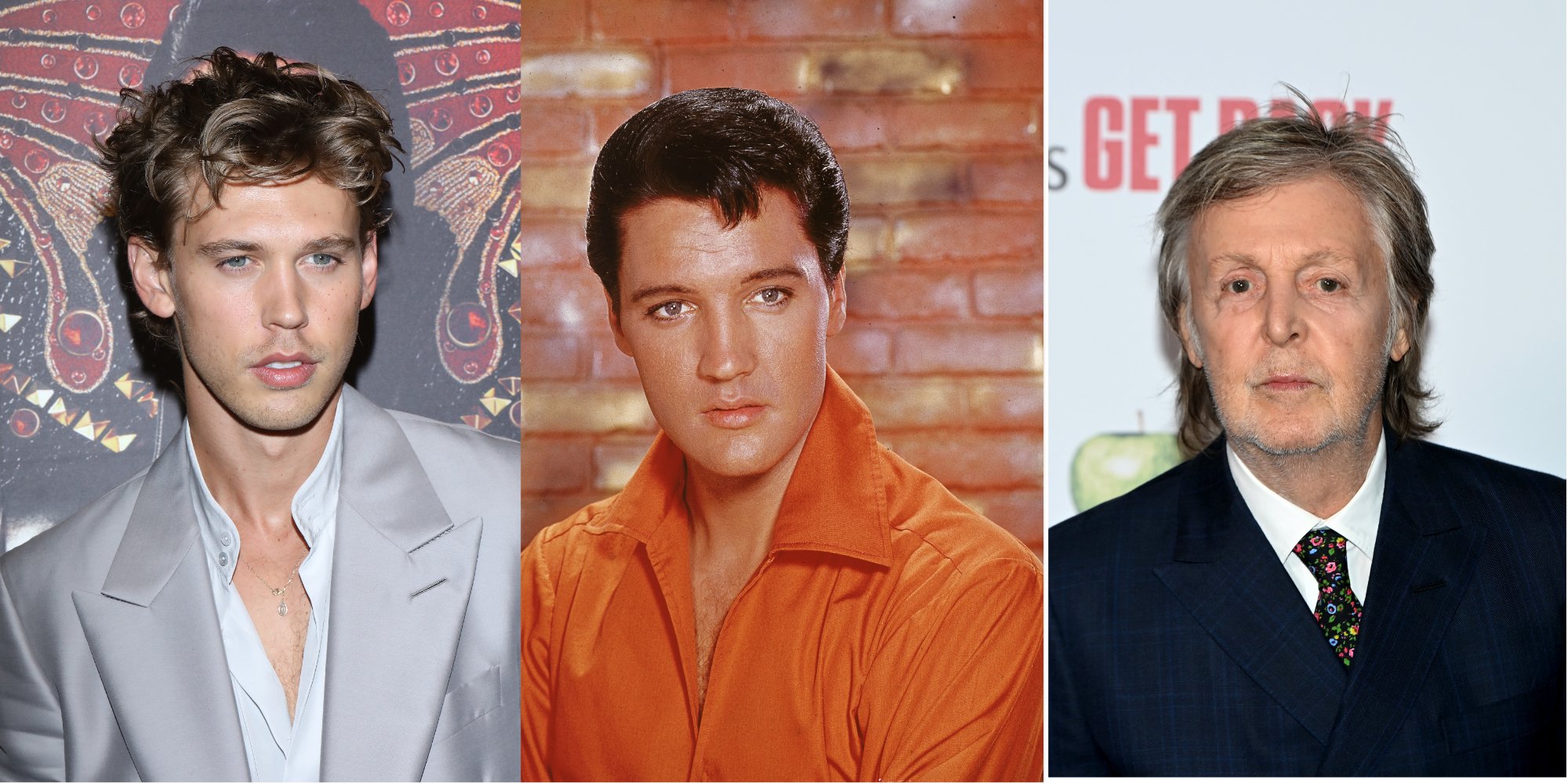 Austin Butler, Elvis Presley and Paul McCartley in side by side photographs.