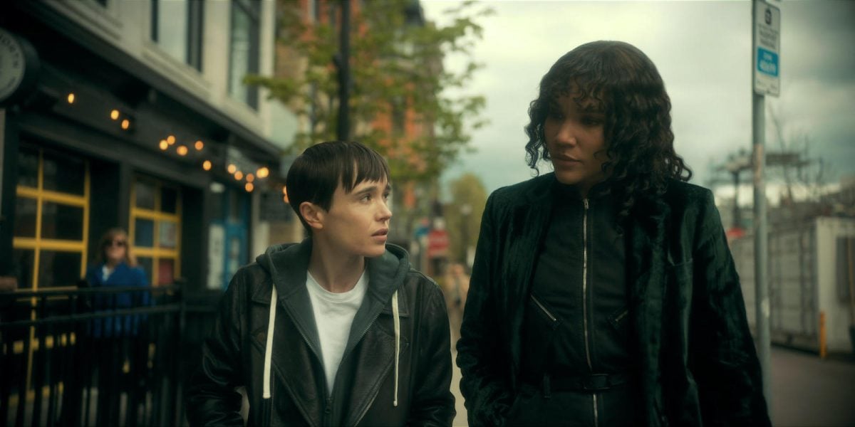 Viktor (Elliot Page) and Allison (Emmy Raver-Lampman) discuss what to do about Harlan in 'The Umbrella Academy' 3