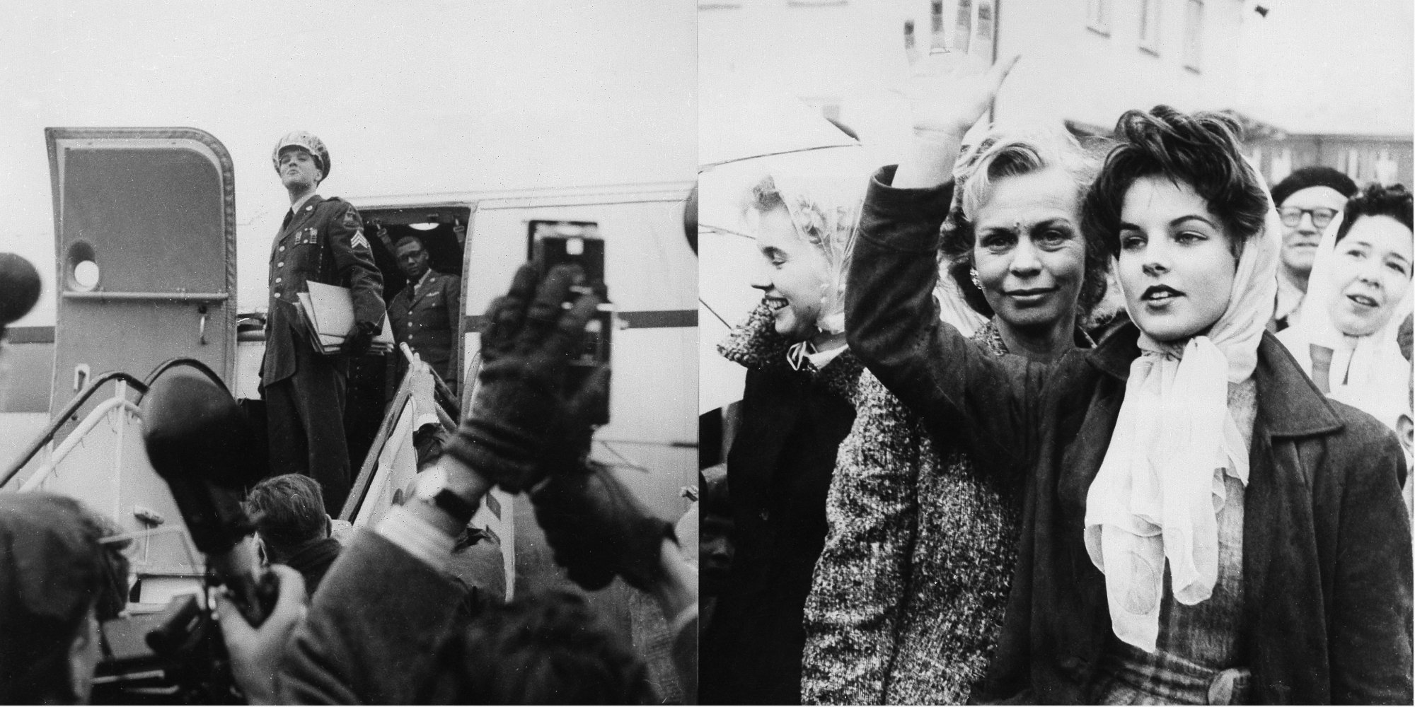 Elvis Presley and Priscilla Presley wave goodbye in Germany.