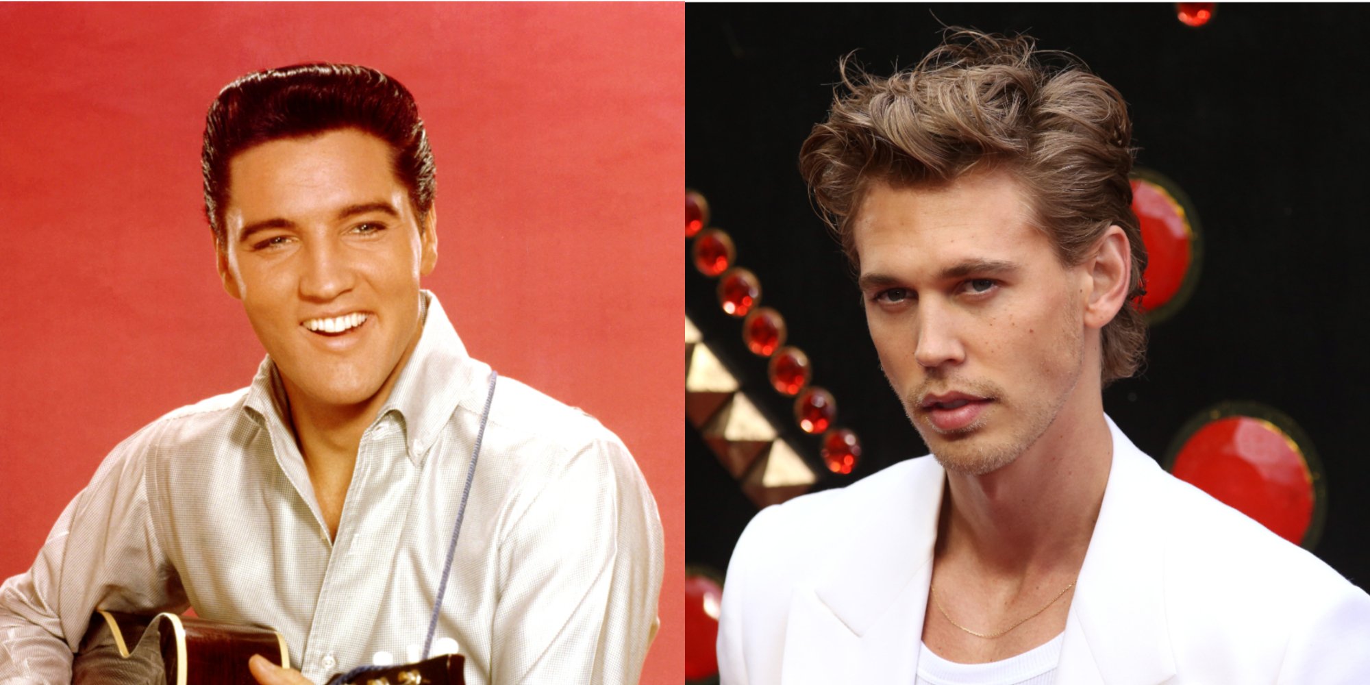 Elvis Presley and Austin Butler who stars in 'Elvis' in side by side photographs.