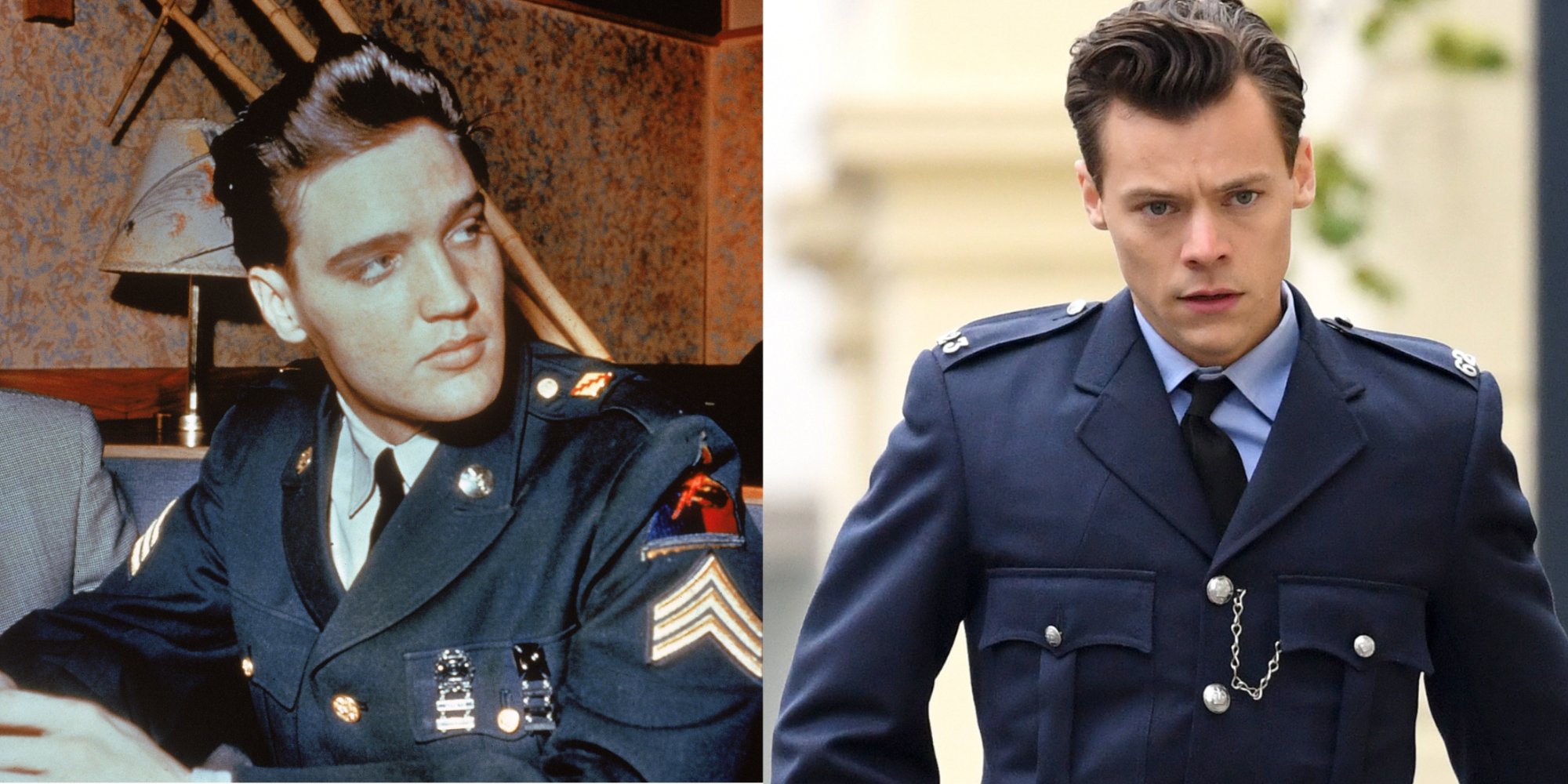 Elvis Presley and Harry Styles in side-by-side photographs wearing uniforms.