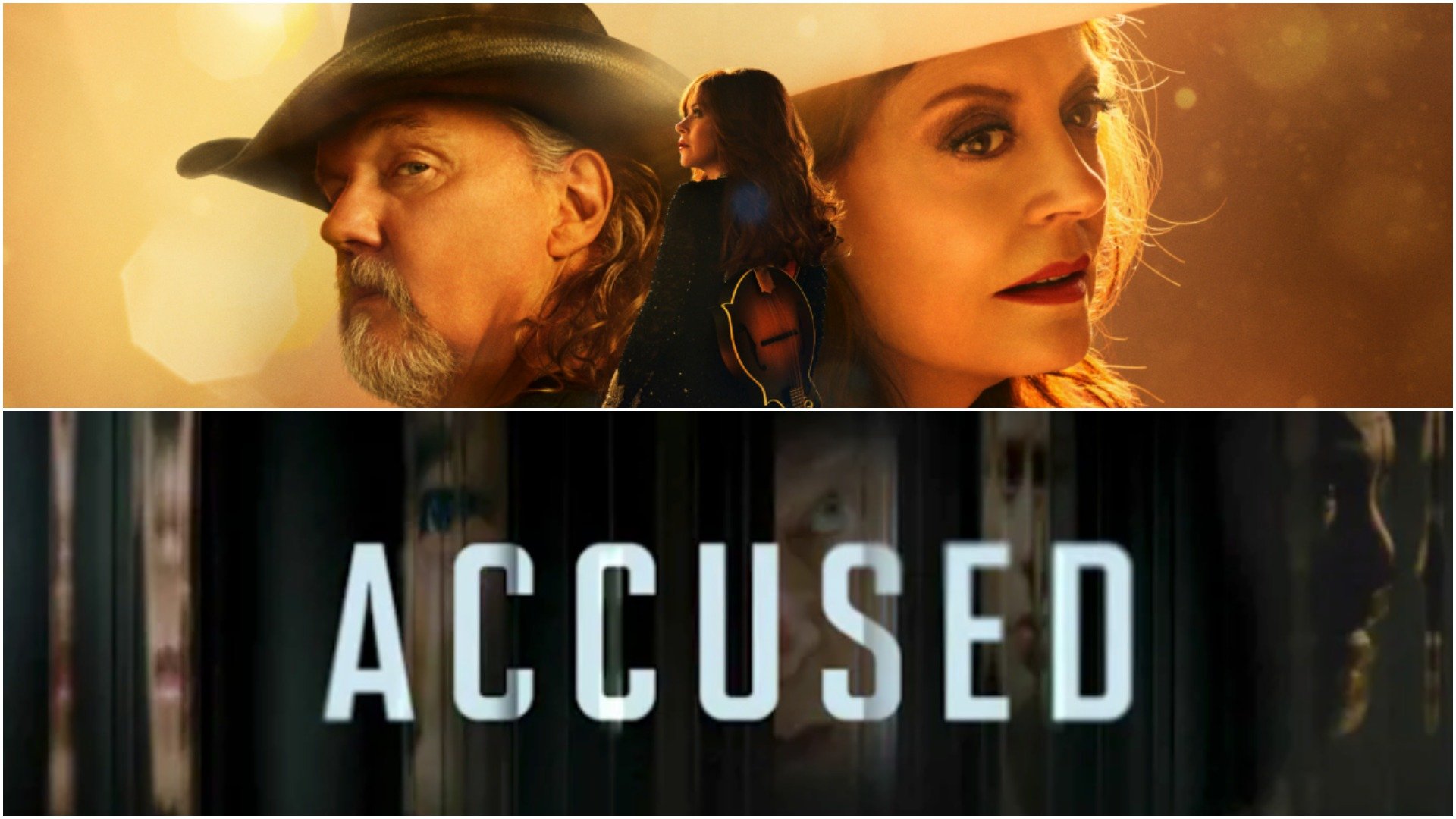 Trace Adkins, Anna Friel, and Susan Sarandon in a promotional image for 'Monarch,' part of Fox's fall 2022 lineup; the title card for 'Accused' on Fox