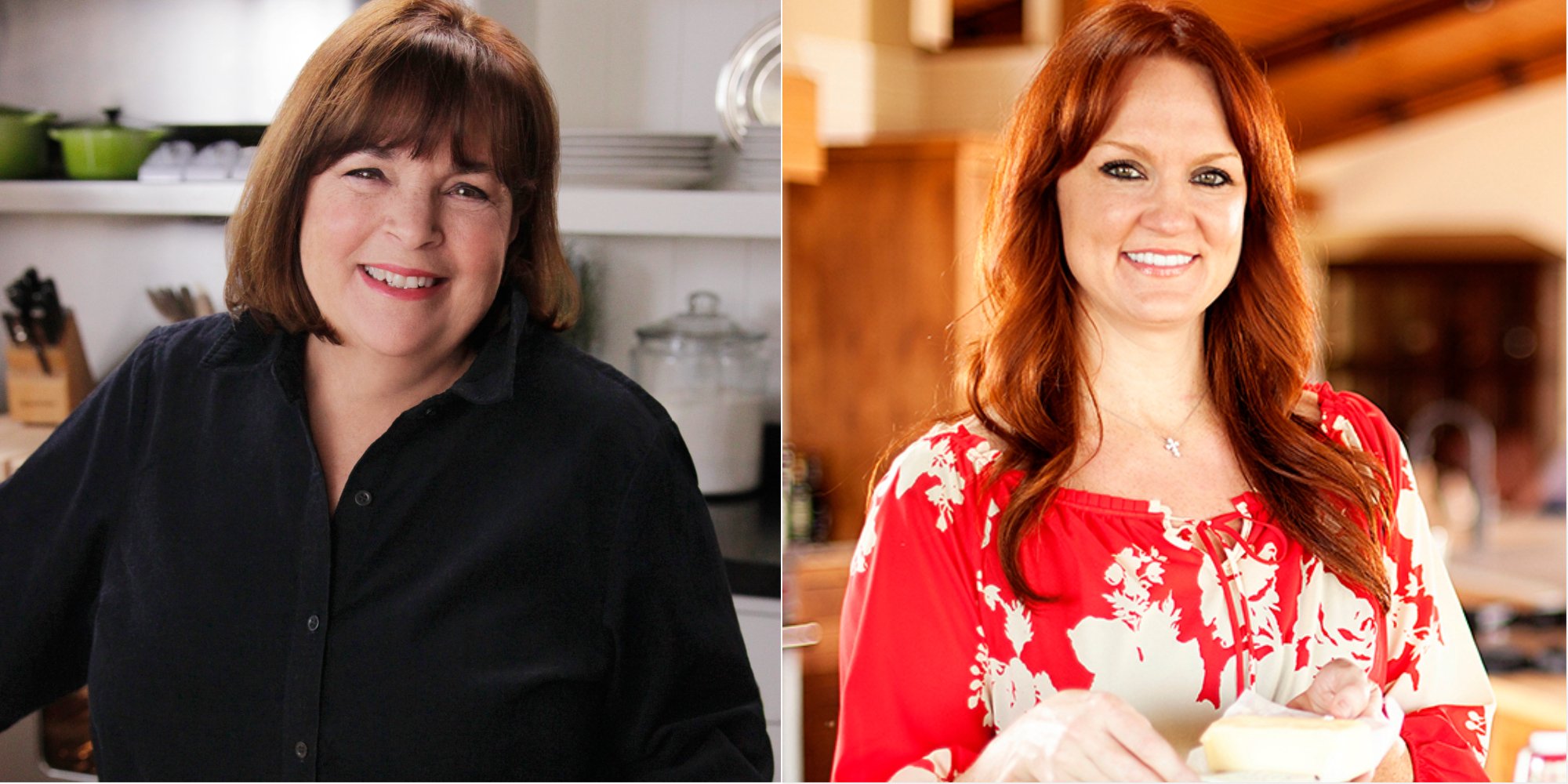 Ina Garten and Ree Drummond stand in side by side photographs on the set of their respective Food Network cooking shows.