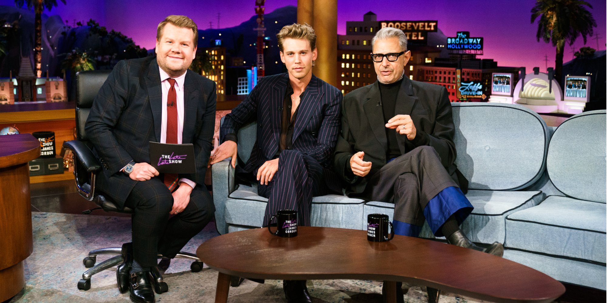 James Corden, Austin Butler and Jeff Goldblum on the set of the 'Late Late Show with James Corden.'