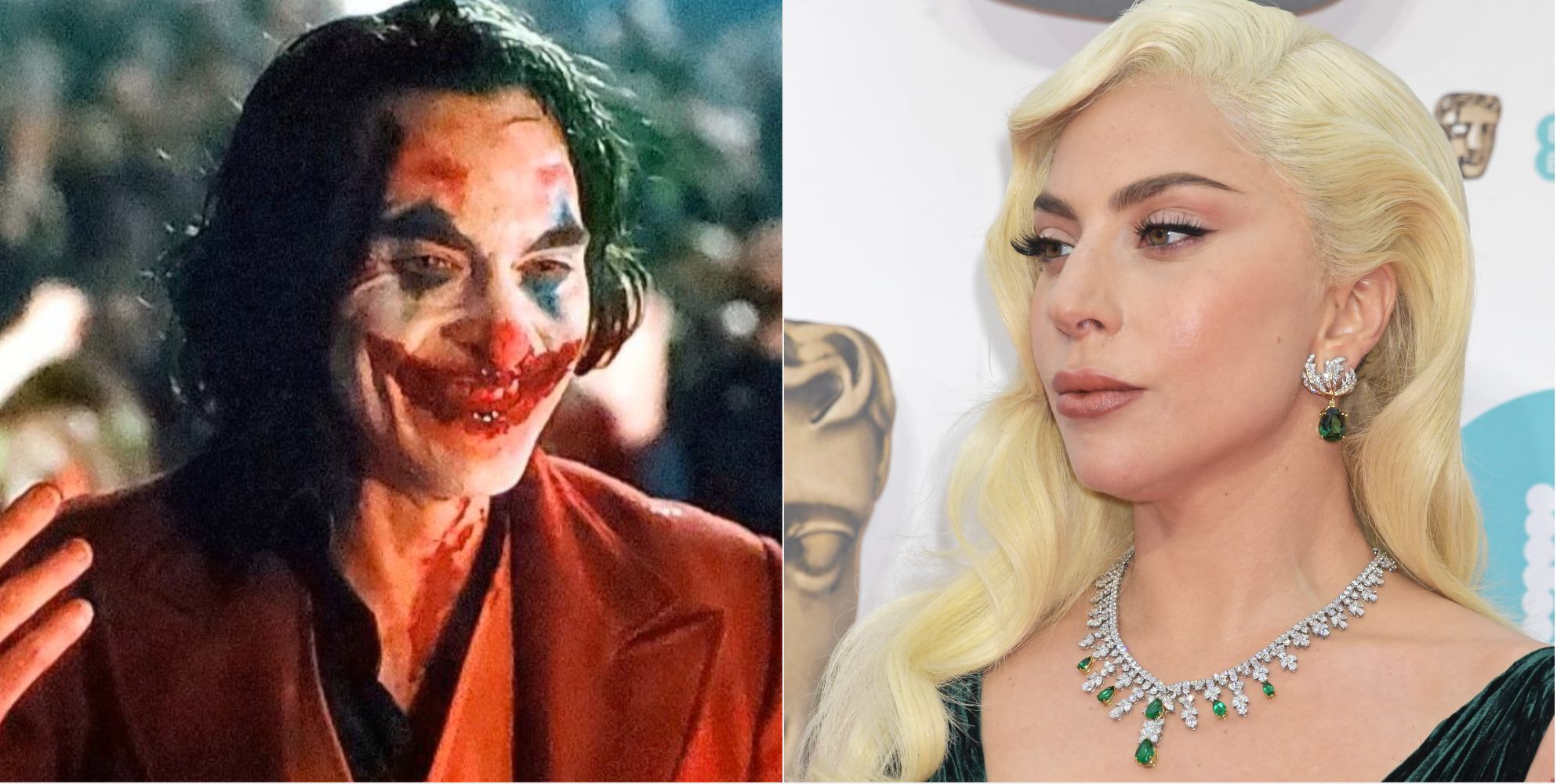 Joaquin Phoenix as the Joker and Lady Gaga at an awards event in side by side photographs.