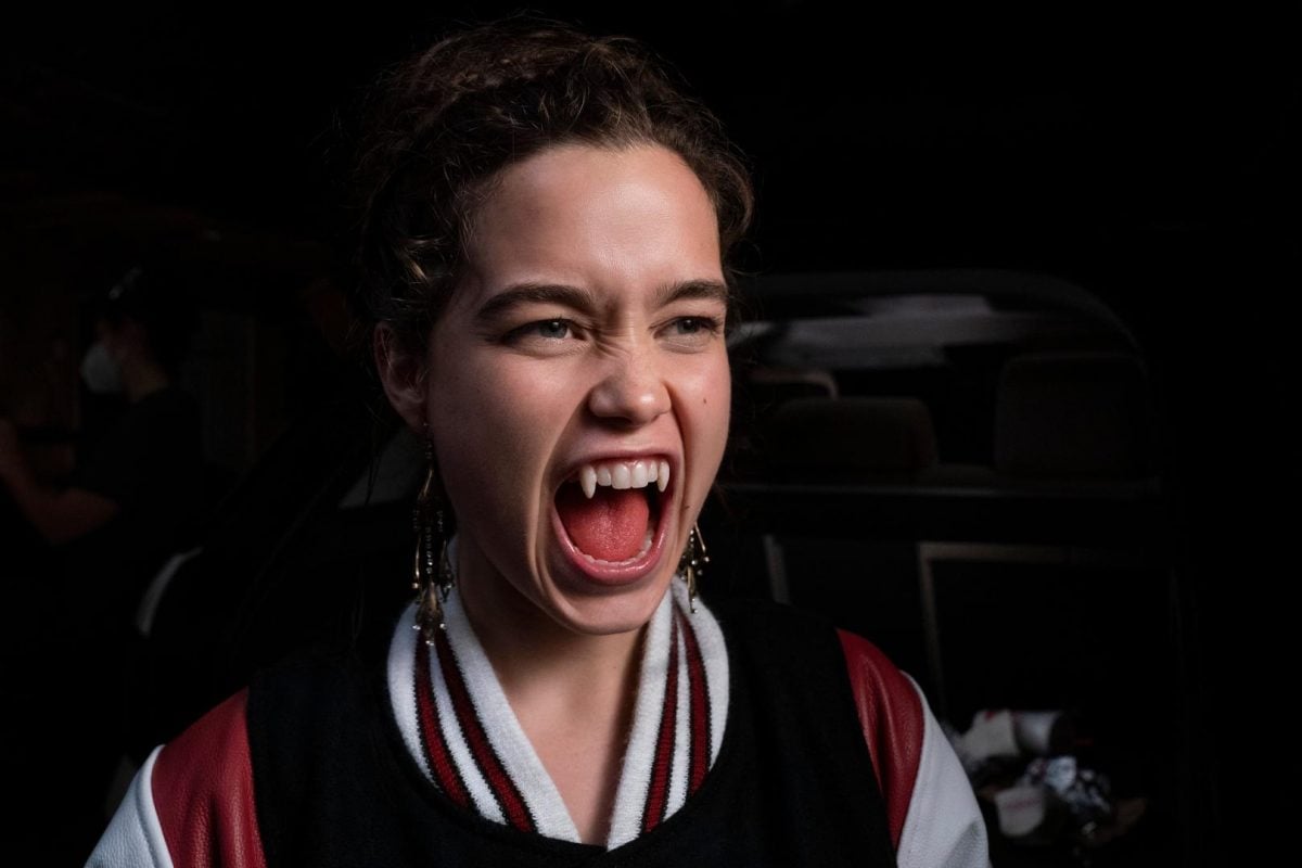 Juliette (Sarah Catherine Hook) bares her vampire fangs in Netflix's 'First Kill'