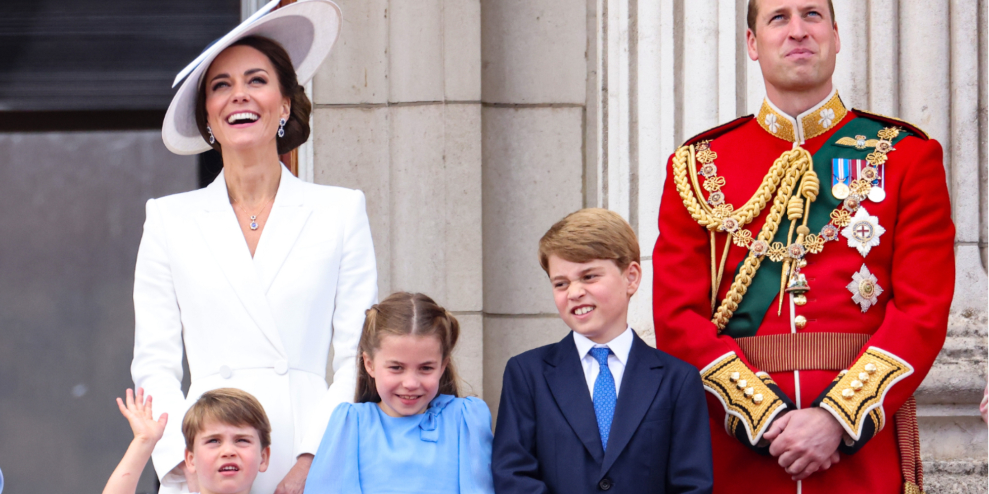 Prince William and Kate Middleton are photographed during Trooping the Color with children George, Louis, and Charlotte in 2022.