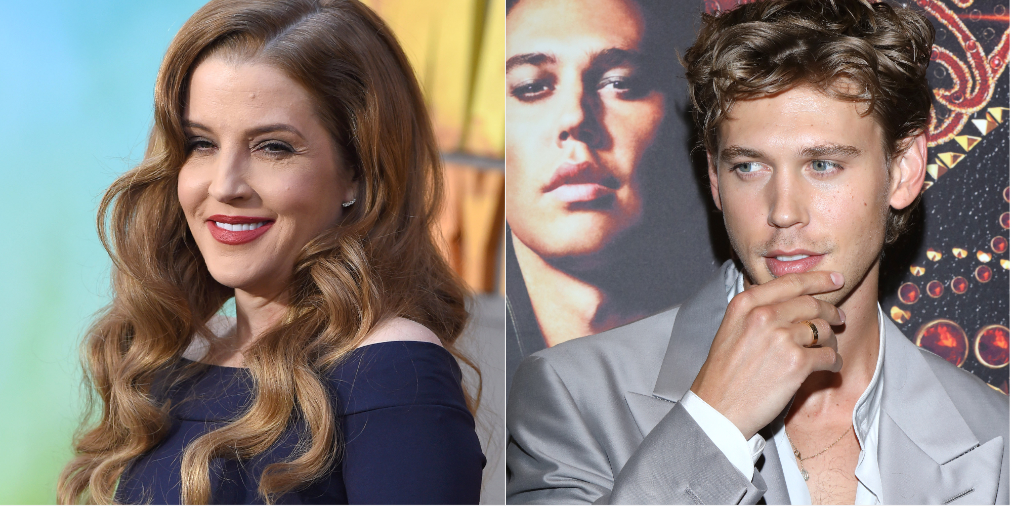 Lisa Marie Presley and 'Elvis' star Austin Butler in a set of side-by-side photographs.