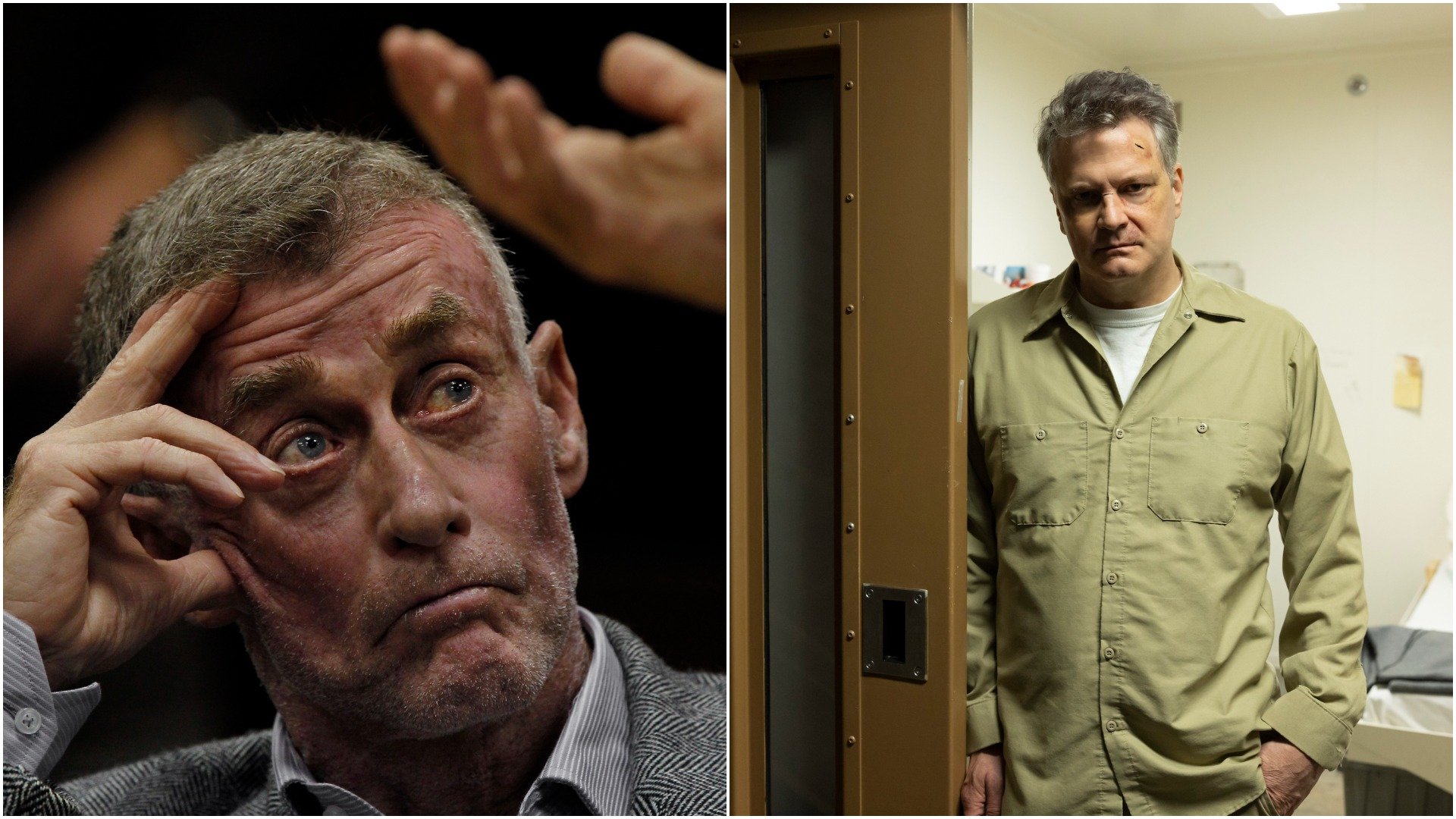 Michael Peterson in court in 2011; Colin Firth as Michael Peterson in 'The Staircase' on HBO Max