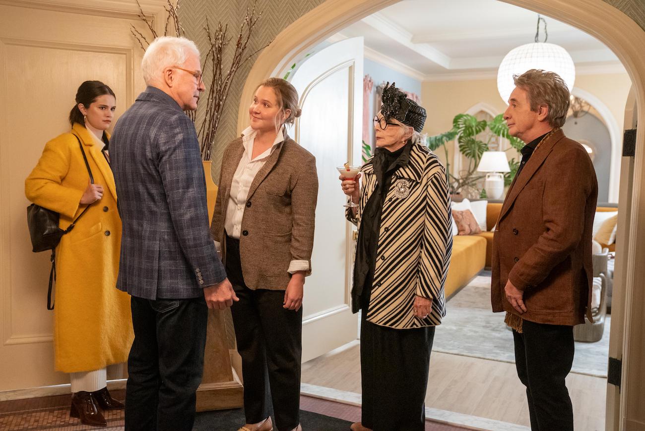Mabel (Selena Gomez), Charles (Steve Martin), Amy Schumer (as herself), Barbara (Shirley MacLaine) and Oliver (Martin Short) in 'Only Murders in the Building' Season 2
