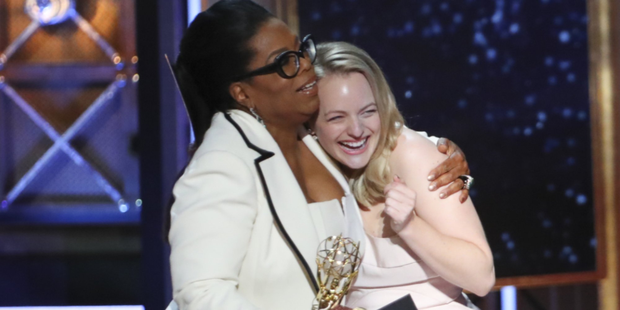 Oprah Winfrey and Elizabeth Moss at the 2017 Emmy Awards.