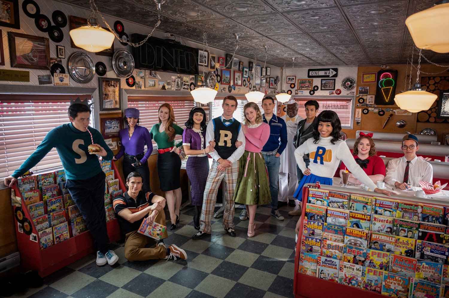 Cole Sprouse as Jughead Jones, Charles Melton as Reggie Mantle, Vanessa Morgan as Toni Topaz, Madelaine Petsch as Cheryl Blossom, Camila Mendes as Veronica Lodge, KJ Apa as Archie Andrews, KJ Apa as Archie Andrews, Lili Reinhart as Betty Cooper, Casey Cott as Kevin Keller, Alvin Sanders as Pop Tate, Drew Ray Tanner as Fangs Fogarty, Erinn Westbrook as Tabitha Tate, Shannon Purser as Ethel Muggs and Major Curda as Dilton Doiley in Riverdale Season 6