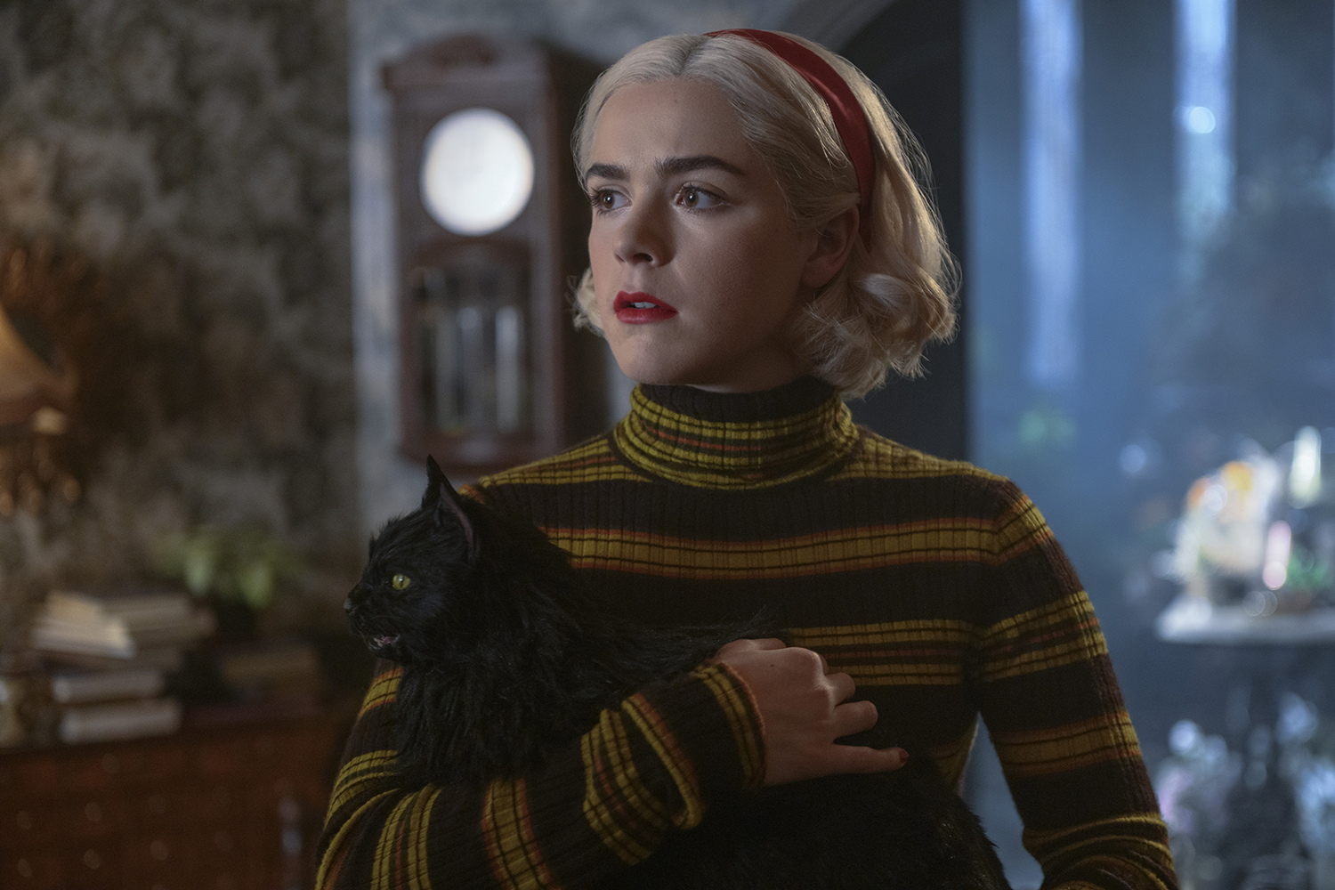Kiernan Shipka as Sabrina Spellman in Chilling Adventures of Sabrina, which crosses over with Riverdale in season 6 episode 19