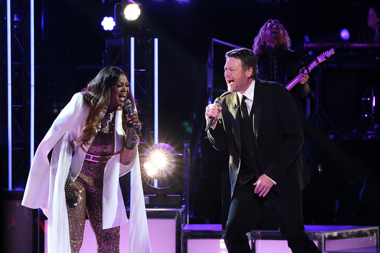 Wendy Moten and Blake Shelton on The Voice, which has a season 22 premiere date