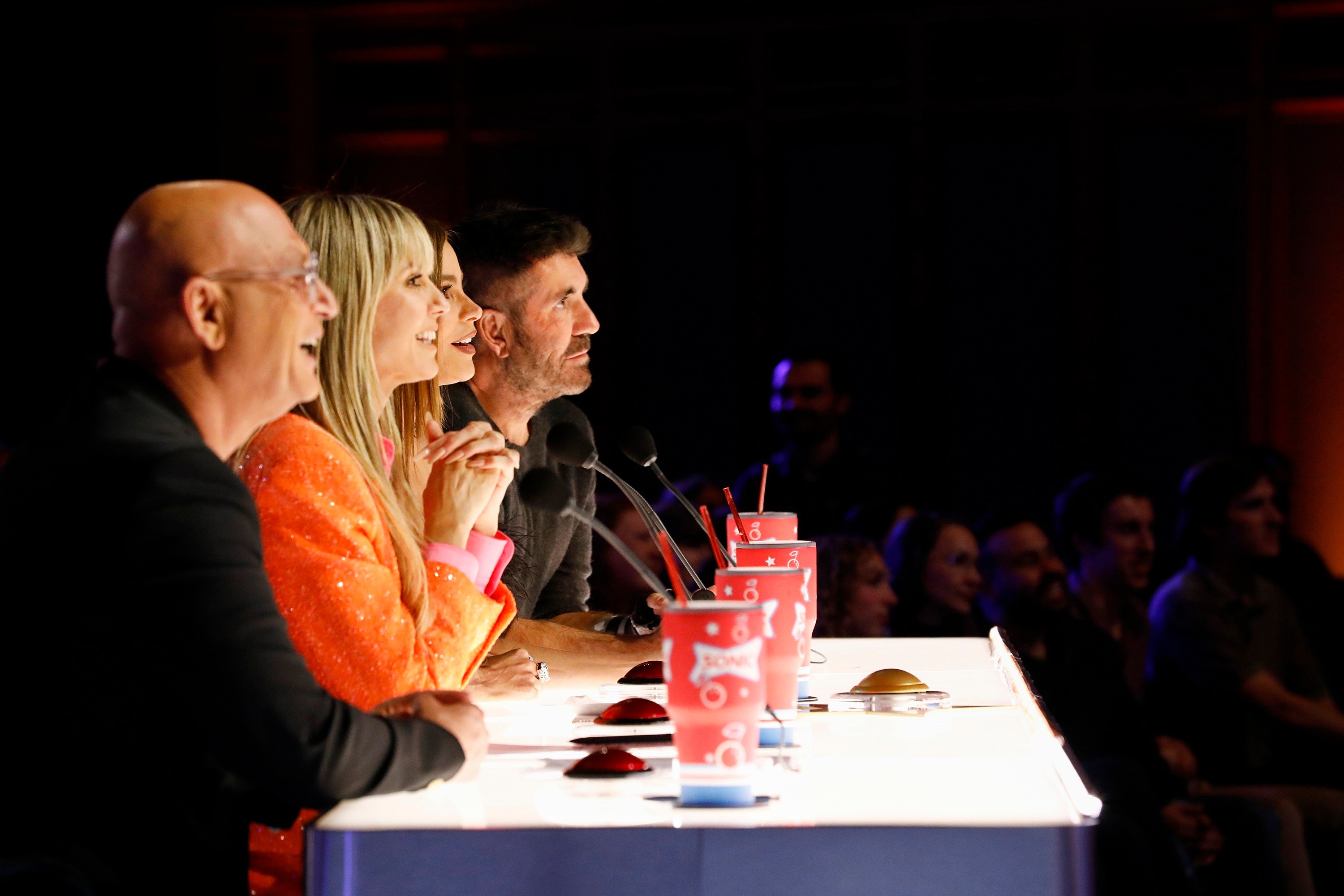 'America's Got Talent' judges Howie Mandel, Heidi Klum, Sofia Vergara, Simon Cowell watching a performance for season 17