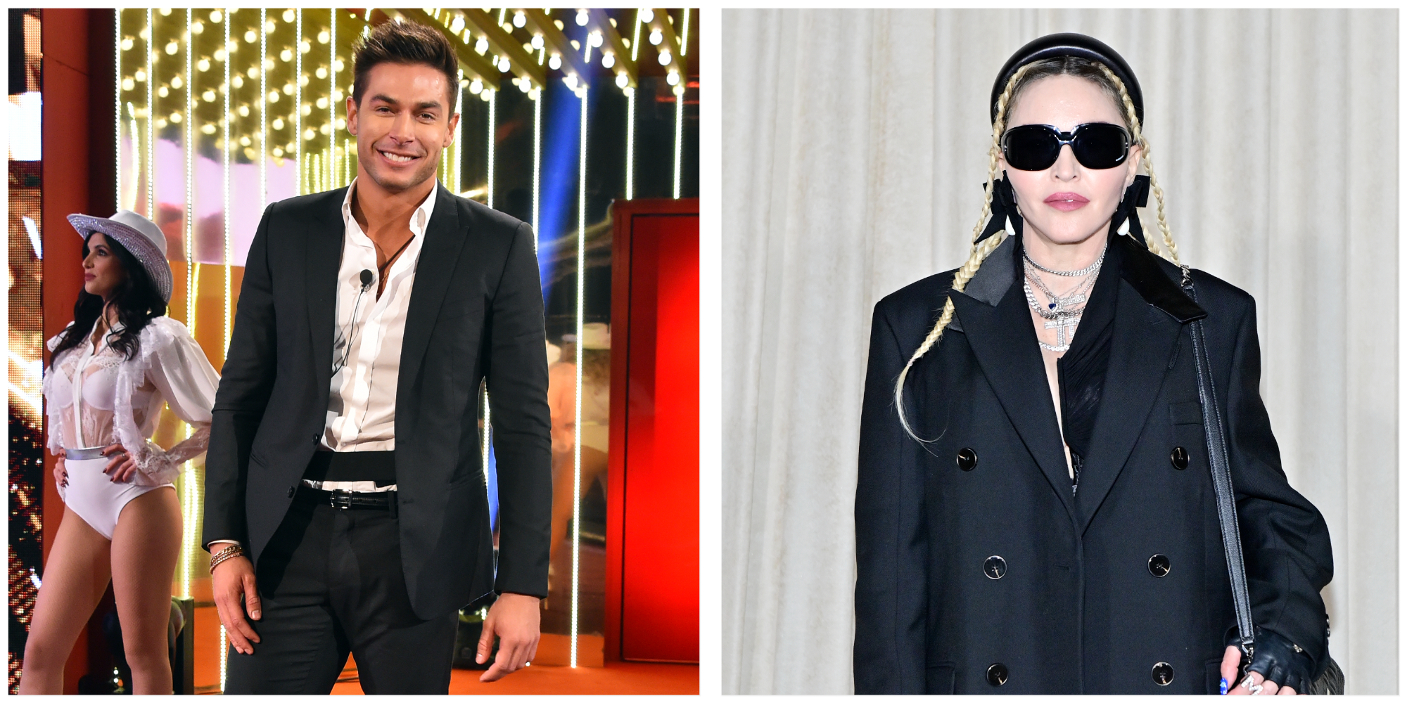 Andrea Denver on the red carpet in Italy. Madonna wearing sunglasses at an event.