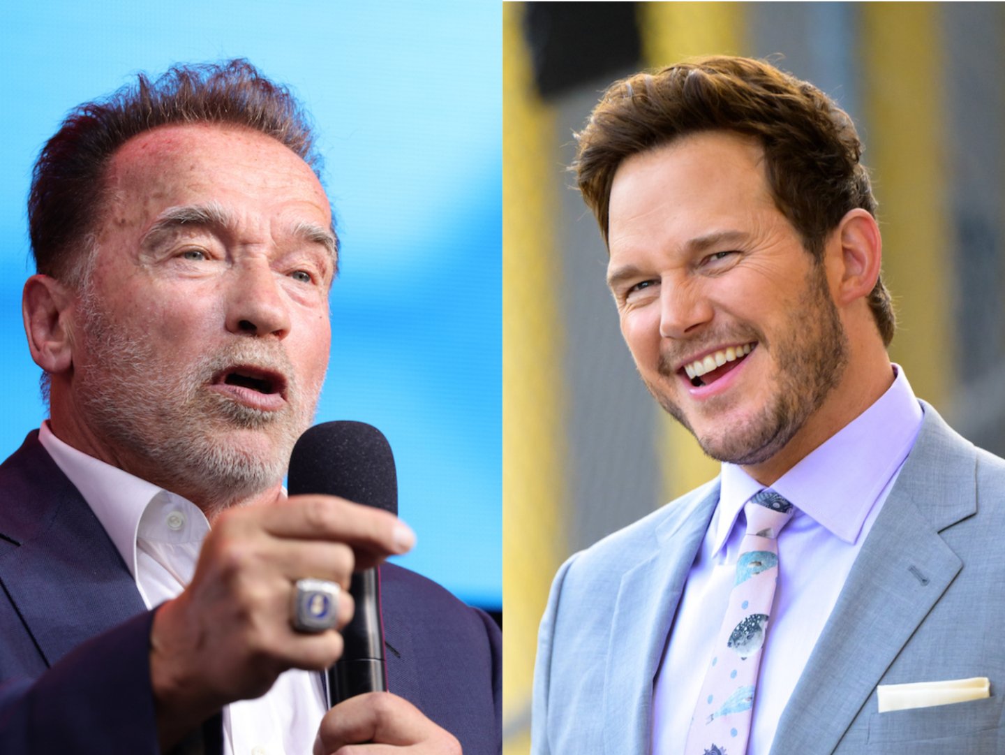 Arnold Schwarzenegger (left) delivers a digital sustainability talk in Germany in 2021; Chris Pratt arrives for a 'Jimmy Kimmel Live' appearance in 2022. Pratt revealed Schwarzenegger has a secret skill that shows his sensitive side -- thoughtful gift-giving.