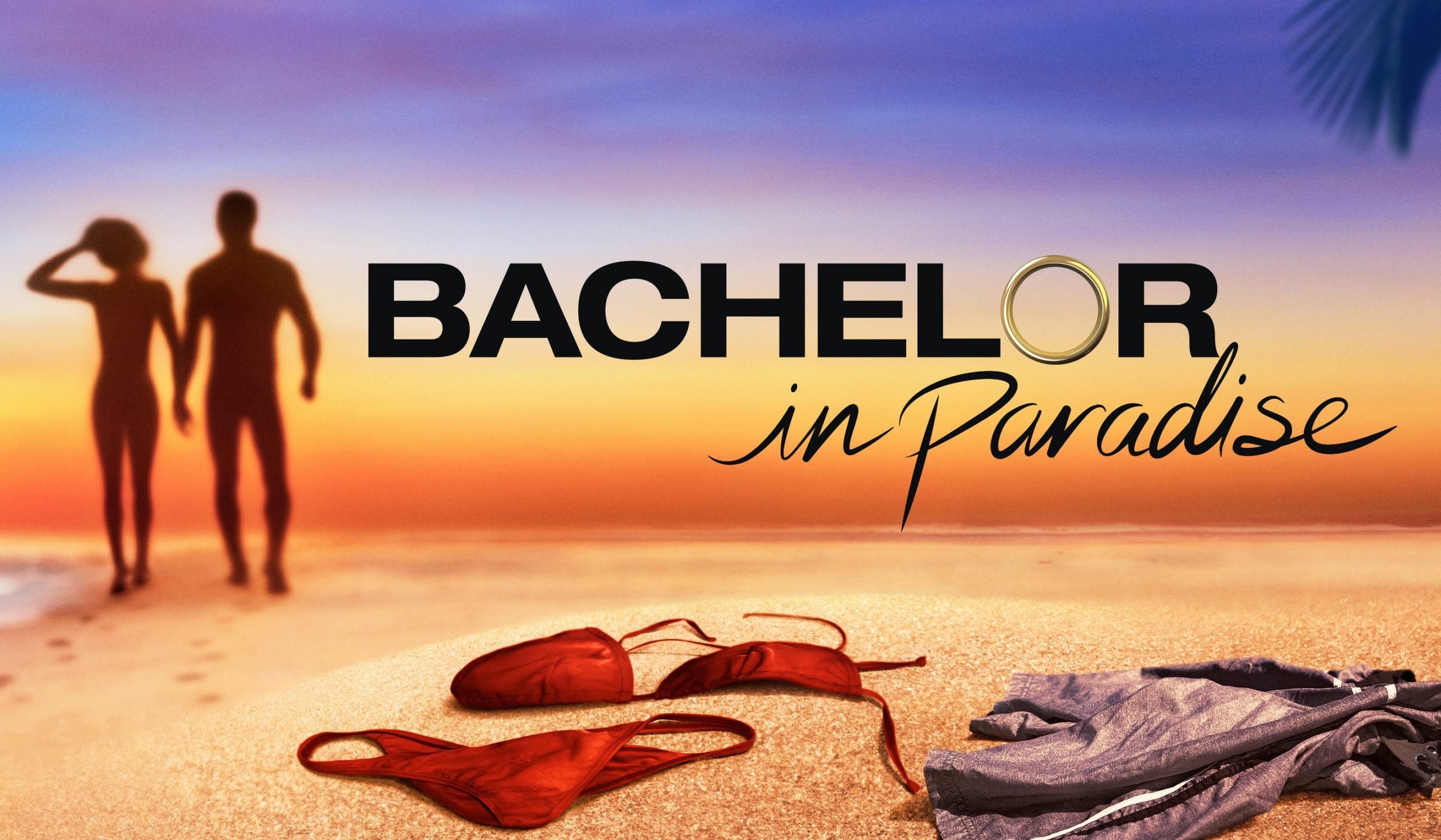 Key art for 'Bachelor in Paradise' Season 7 for our article about 2022 spoilers. It features the show's logo, a beach, and bathing suits in the sand.