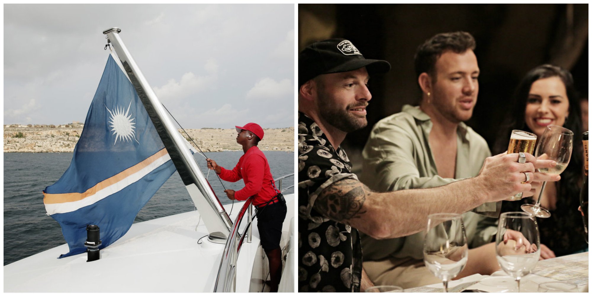 Mzi Dempers raises the flag on a yacht. Dave White,  Kyle Viljoen, Natasha Webb toast at dinner 