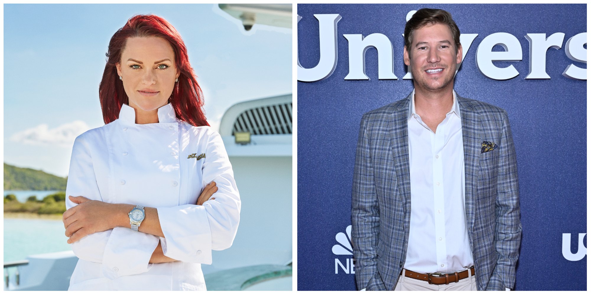 Chef Rachel Hargrove 'Below Deck' cast photo with arms folded. Austen Kroll smiles for a photo with hands in pockets. 
