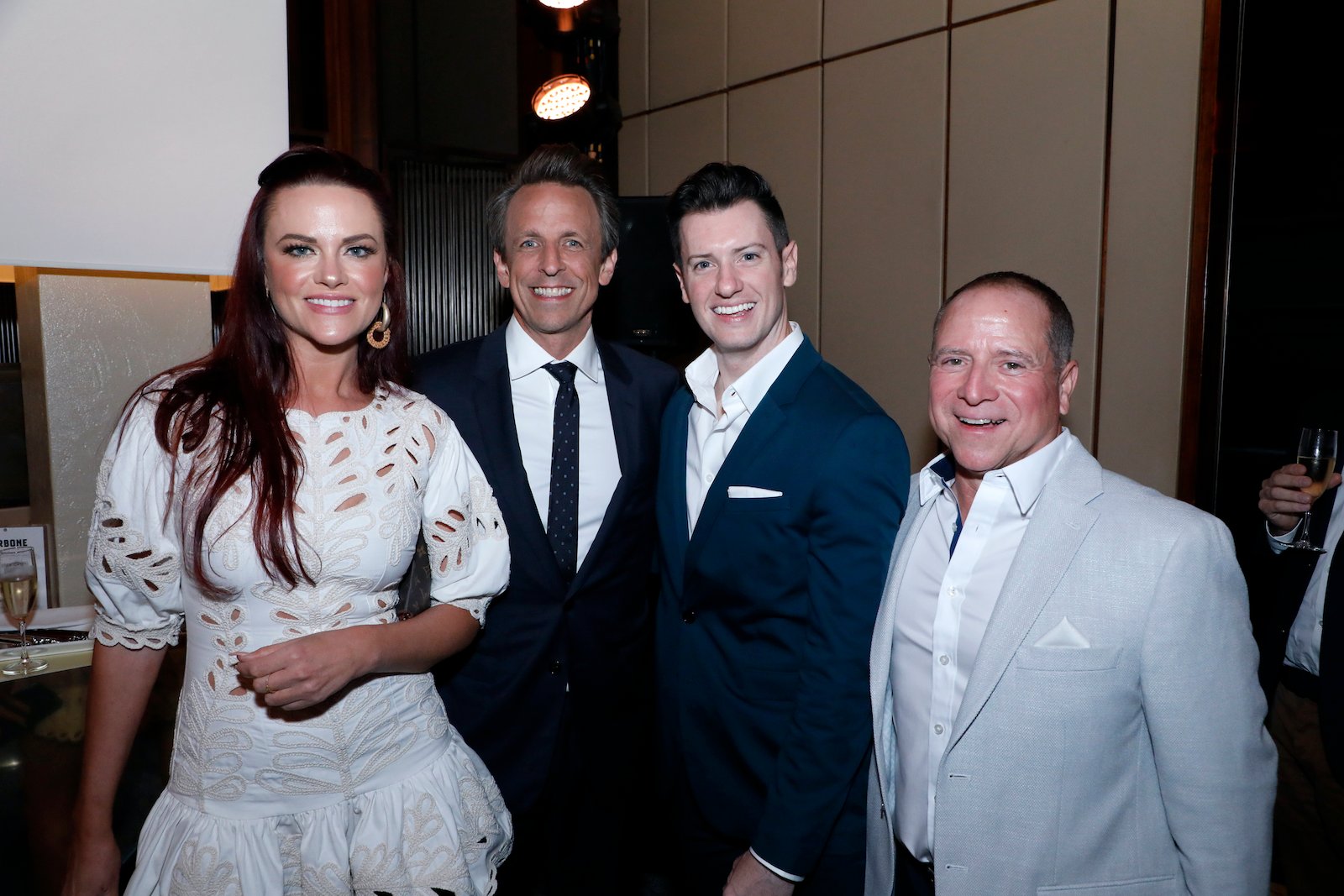 Chef Rachel Hargrove, Seth Meyers, Colin Macy-O’Toole, Capt. Glenn Shepard smile for a photo 