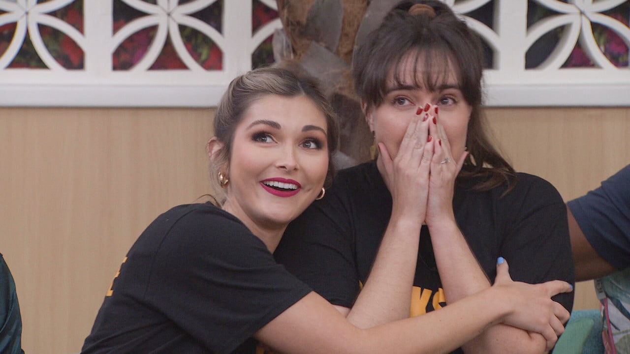 Alyssa covers her mouth in shock as Brittany hugs her on 'Big Brother 24'.