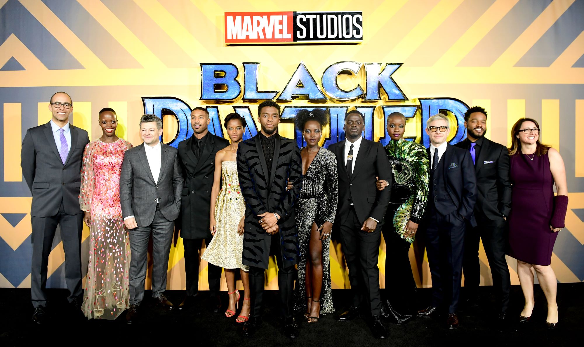 The 'Black Panther' cast, who won't all return for the sequel, pose with the crew on the red carpet at the premiere.