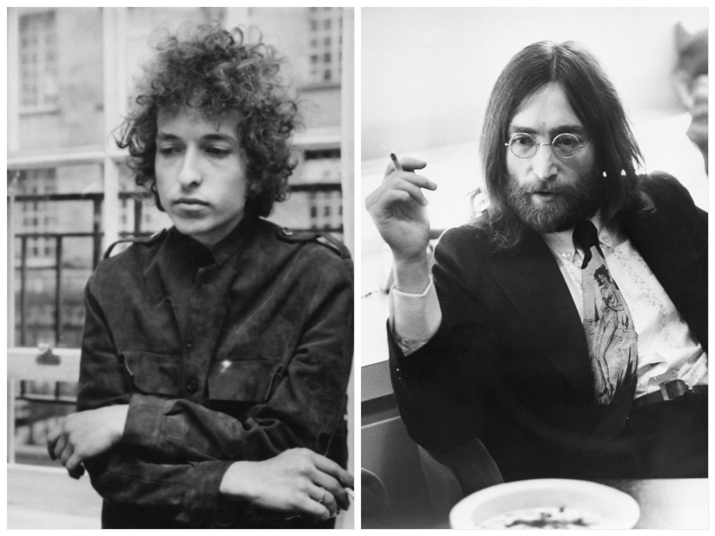 A black and white picture of Bob Dylan standing with his arms folded, holding a cigarette. John Lennon sits and smokes a cigarette.