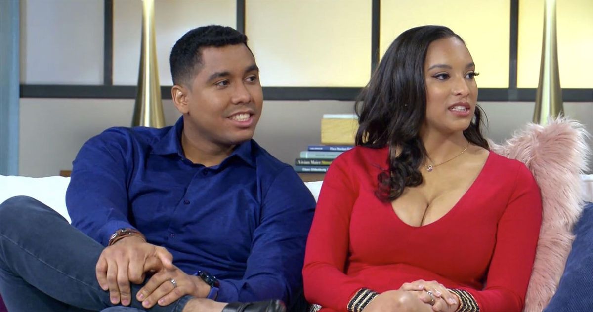 Chantel Jimeno and Chantel Everett sit on a couch together during tell all for'90 Day Fiancé' on TLC.