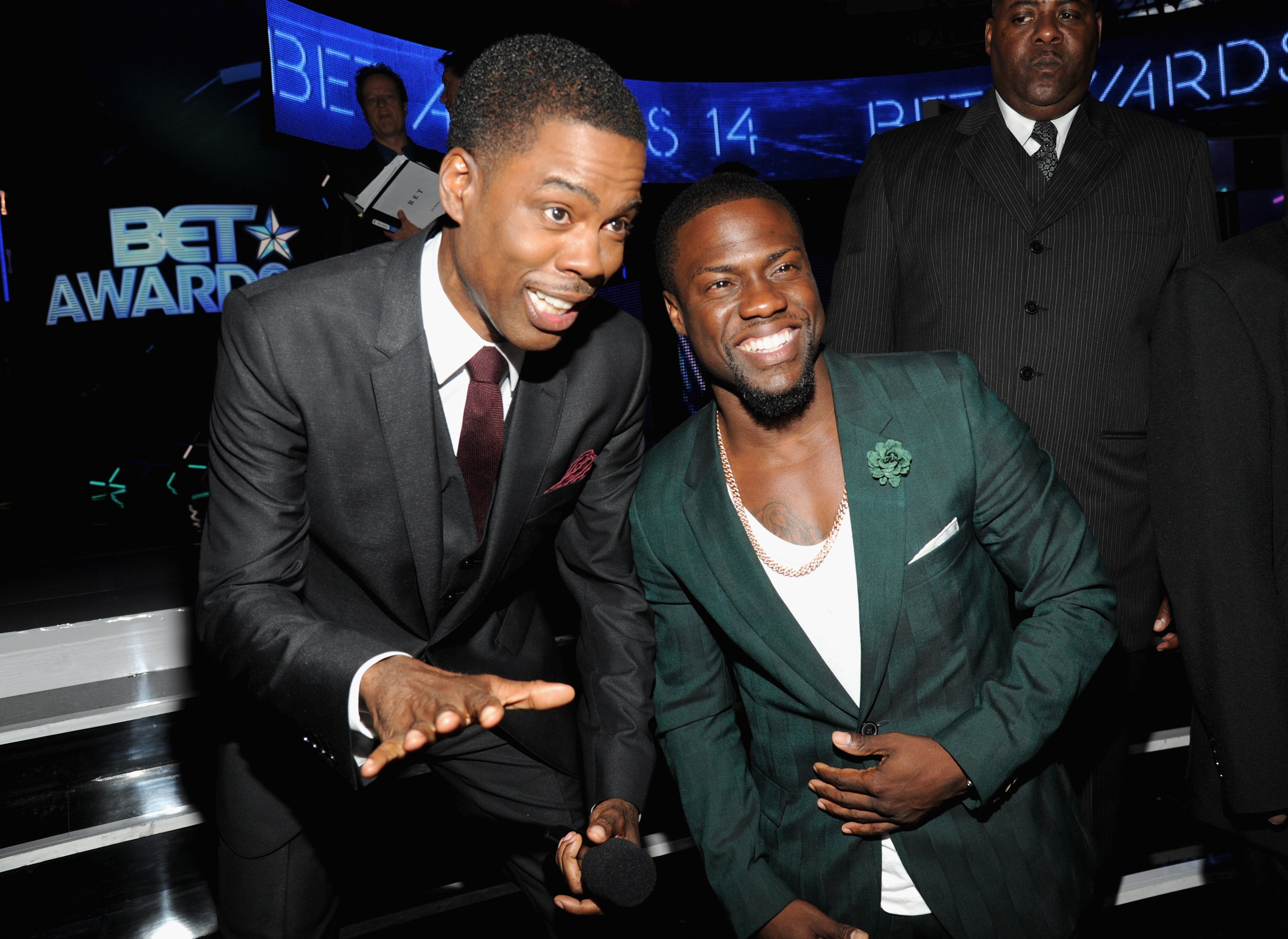 Comedians Chris Rock and Kevin Hart attend the 2014 BET Awards