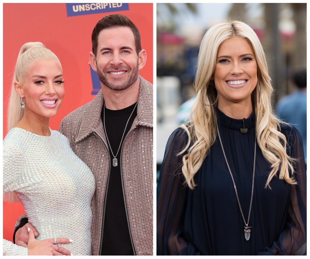 Side by side photos of Heather Rae Young with Tarek El Moussa, who are expecting their first baby together, and Christina Hall