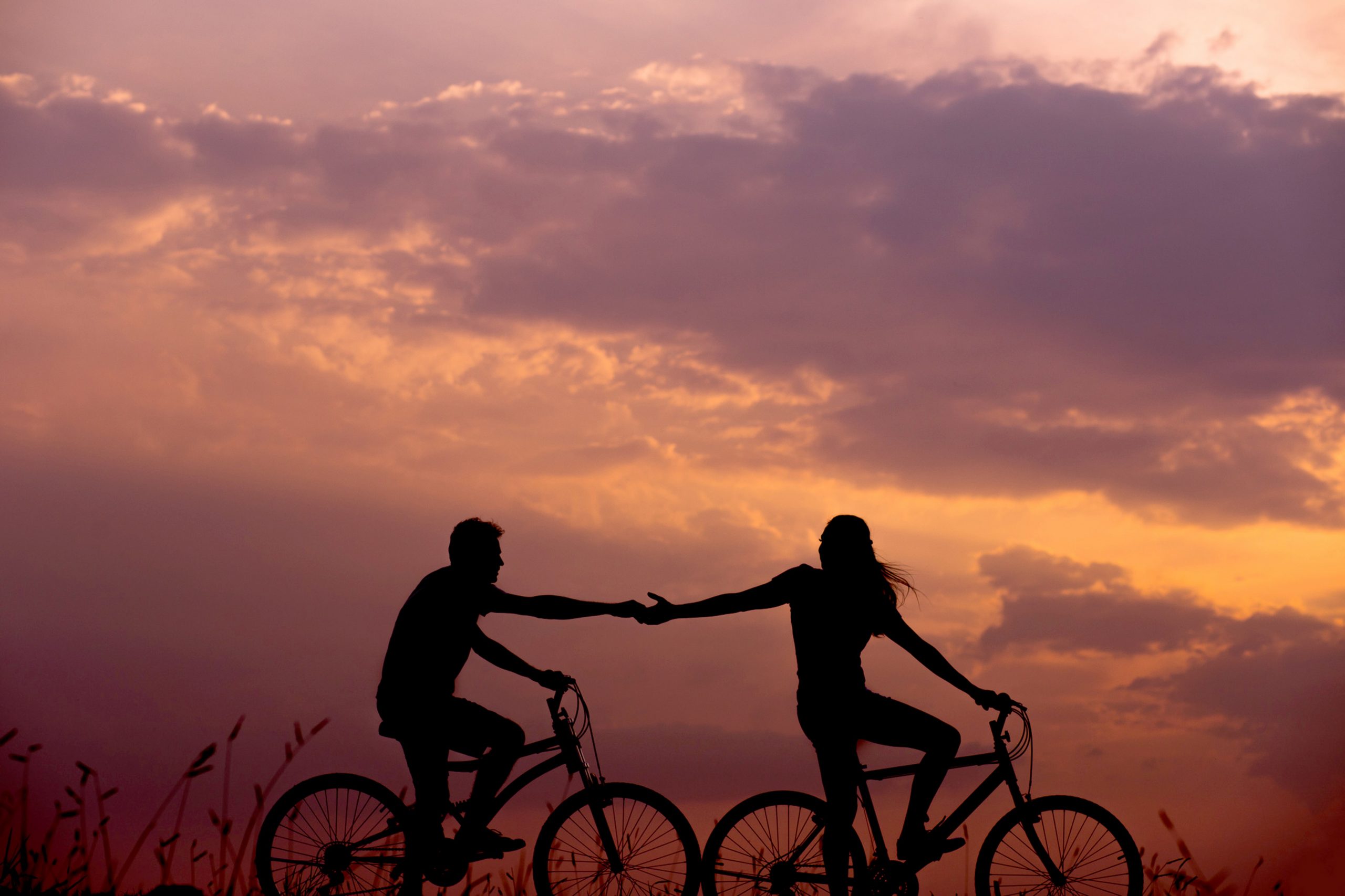 A couple rides their bikes into the sunset.