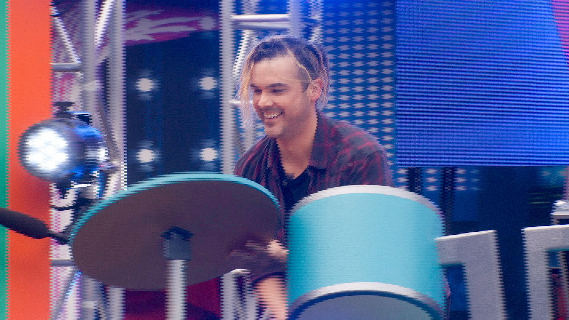 Daniel Durston playing the drums during the first Head of Household competition of 'Big Brother 24'