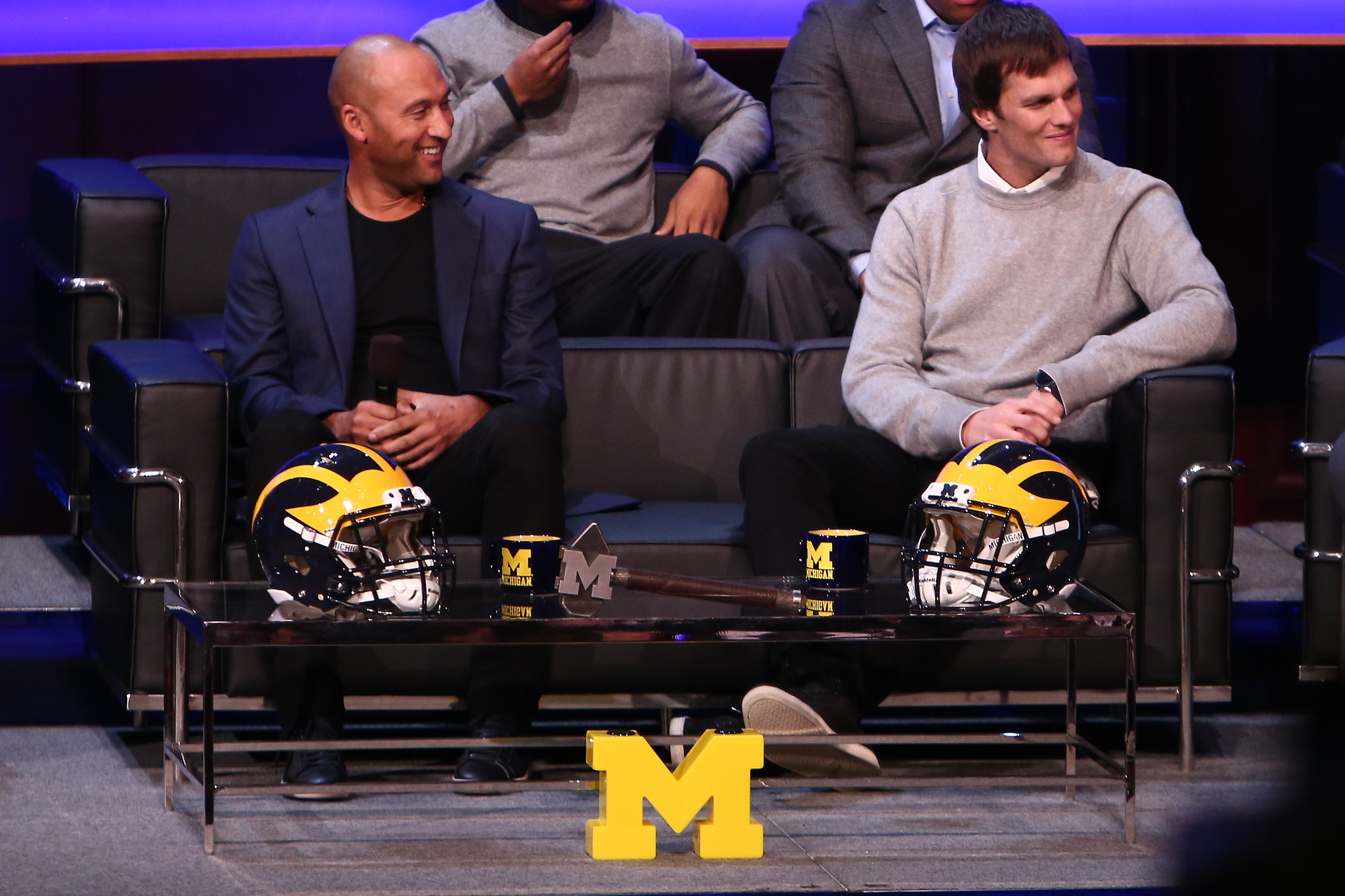 Derek Jeter and Tom Brady on stage together at the Michigan Signing of the Stars event